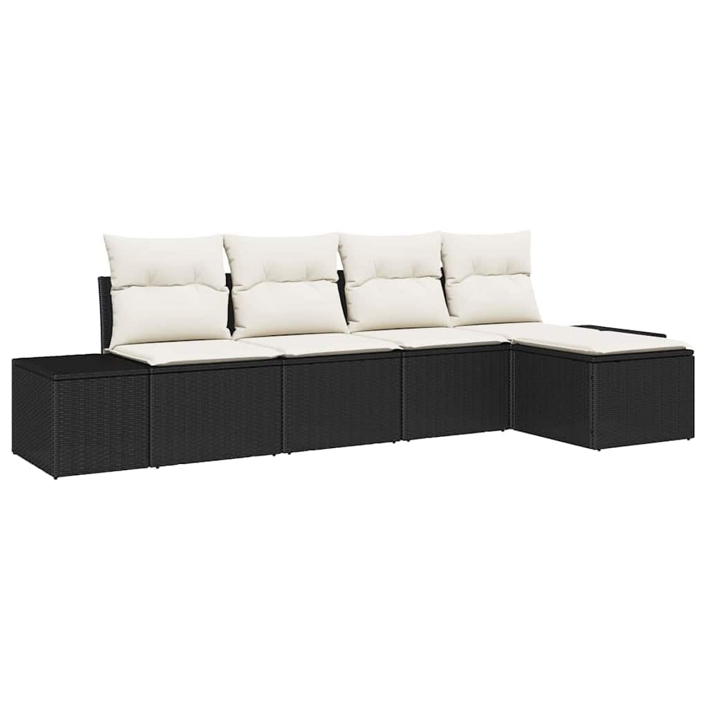 Canapé modulaire de jardin 5 pièces noir et crème en résine tressée