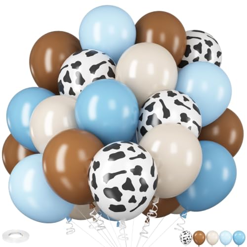 Image of HILAVO Cow Print Balloons, 12Inch Light Blue Brown Sand White and Cow Balloons for Boys Baby Shower Farm Western Cowboy Rodeo Story Birthday Party Decorations