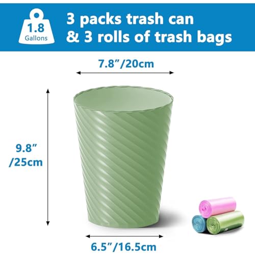 Image of Lysam Bathroom Trash Can, 3 Pack 1.8 Gallons Small Trash Can with Trash Bags, Bathroom Garbage Can, Plastic Trash Bin, Round Waste Basket for Bedroom, Office, Room (White Pink Green)
