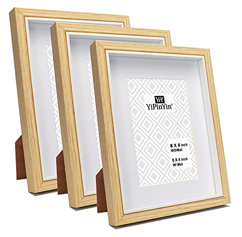 6 X 8‘’/A5 wood and white two-tone frames set of 3 with 4 x 6‘’ mounts, stylish A5 picture frame with white inlay, 4 x 6‘’ photo frame for wall mounting and table tops