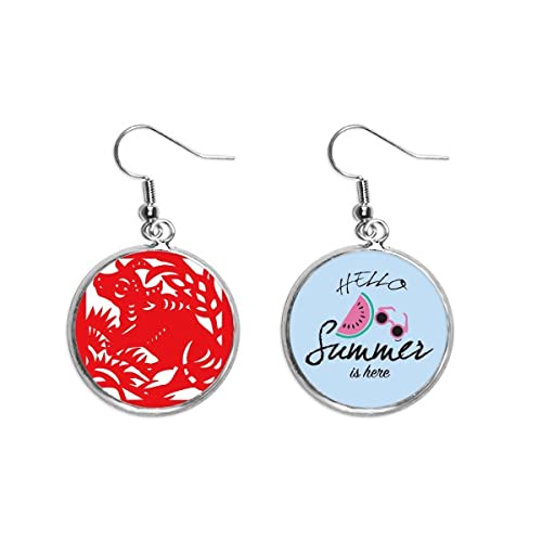 Pendientes de sandía buey animal del Zodiaco técnica corte de papel de China artesanía verano