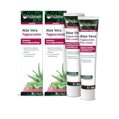 hübner Aloë Vera dagcrème, 2 x 50 ml, vochtverzorging met aloë vera en panthenol, dagcrème voor droge en gevoelige huid, veganistisch en verzorgend, frisse teint voor normale, gemengde en droge huid