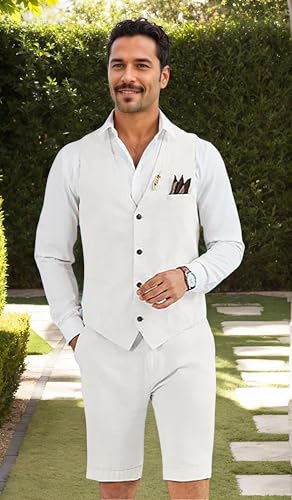 Mens Linen Suit 2 Piece Vest and Shorts Set for Summer Wedding Prom Casual Linen Waistcoat Shorts2