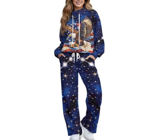 Chuzarugn Blue Lightning Two Piece Outfits For Women Casual Long Sleeve Sweatsuits Eagle American Dark Jogger Tracksuits Lounge Sets With Pockets Size XL