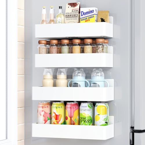 Image of Mystozer Magnetic Spice Rack for Refrigerator, Kitchen Organizer and Storage Shelf, White (4 Pack)…
