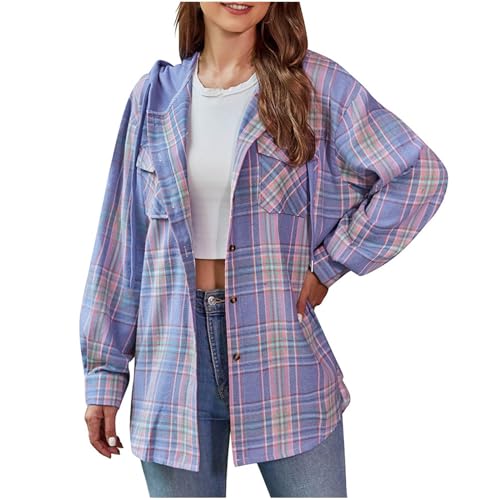 Ladies' Long Sleeve Shacket Plaid Hooded Blouse Jacket Soft Fabric and Stylish Pattern
