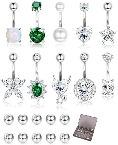 9/10PCS Surgical Stainless Steel Hypoallergenic Belly Button Rings with Extra Replacement Balls, Trendy Dangle Belly Button Piercing Jewelry for Women, 14G - Silver/Gold/Rose Gold