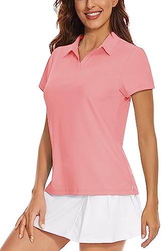 Women's Golf Polo Shirts V Neck Upf 50+ Collared Short Sleeve Tennis Shirt Lightweight Quick Dry Sun Protection Shirts Pink M #TOP8