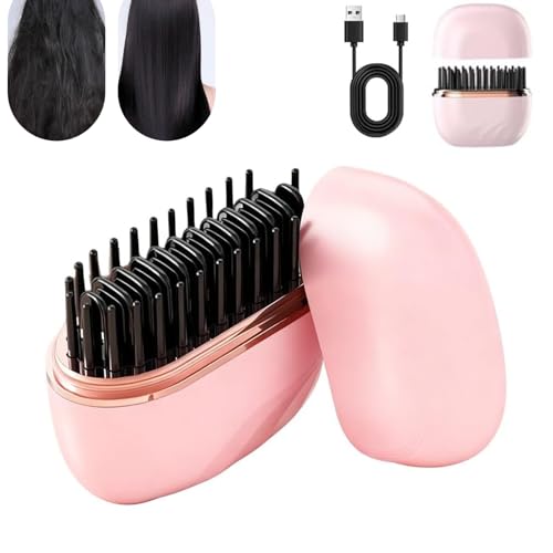 Mini Hair Straightener, 2-in-1 Cordless Hair Straightener Brush,Rechargeable 30s Fast Heating Hot Comb,USB Portable Heated Styling Brush for Travel & Daily Use,3-Speed Temperature Control (Pink)