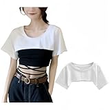 [MANJIAMEI] レディース ショート丈 トップス トップ へそ出し Tシャツ 半袖 シャツ 日よけシャツ ヒップホップ Tシャツ ダンス衣装 セクシー クロップトップ 無地 薄手 着痩せ 夏秋 ホワイト