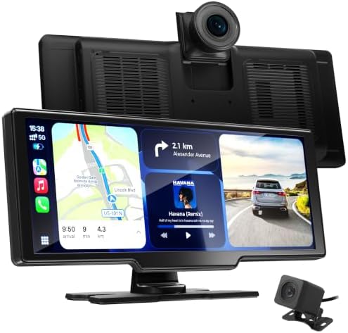 10,26" Drahtloses CarPlay Display mit 4K-Dashcam & HD-Rückfahrkamera für Apple CarPlay & Android Auto, GPS-Navigation, Sprachsteuerung, OTA-Updates, Bluetooth 5.0, FM/AUX,Split-Scr