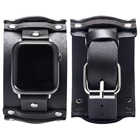 Black Wide Leather Band, Compatible with Leather Apple Watch Band 38mm/40mm, Viking Cuff Band for Woman, Vintage Leather Band, Band with Metal Buckle Compatible for iWatch Series 6/5/4/3/2/1 (42/44MM) Cover