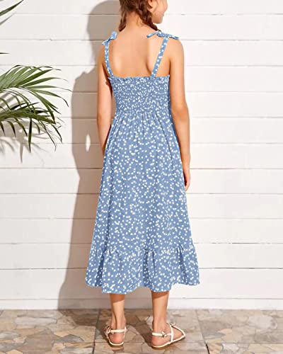 Girls Summer Dress Kids Sleeveless Tie Strap Boho Beach Midi Dress Smocked Ruffle Flowy Sundresses3