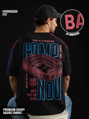 Image of The Souled Store FCB: Men and Boys Short Sleeves Round Neck Casual Lightweight Drop Shoulder Streetwear Trendy Oversized T-Shirts Black