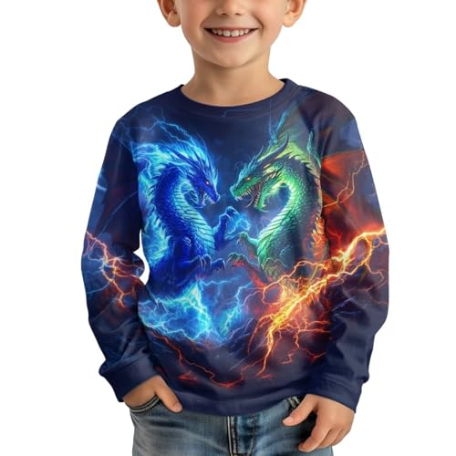 ZPINXIGN Cool Lightning Dragon Print Boys Graphic Tees Stylish Long Sleeve Shirts for Kids 7-8 Fall Tops for Outdoor Play Travel Camping Cozy Crewneck Sweatshirt