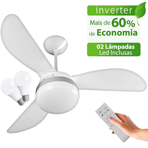 Ventilador de Teto Ventisol Fênix Branco Silver Inverter Controle Remoto, 02 Lâmpadas Led Inclusas -