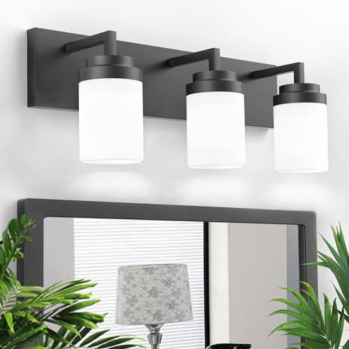 Image of Bathroom Vanity Light, 3 Light Matte Black Vanity Light with White Matte Glass Shade, 22in Farmhouse Wall Light, Lighting Fixtures Over Mirror for Bathroom /Living Room
