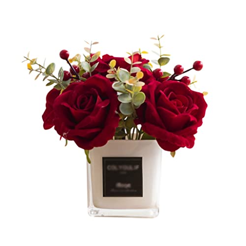MEIZHITU Arreglos Florales Rose roja Flores Artificiales con jarrones de Hierba for decoración del hogar Ramo de Novia Accesorios de Boda Regalos Artesanales Flower Flower Centro de Flores Cementerio