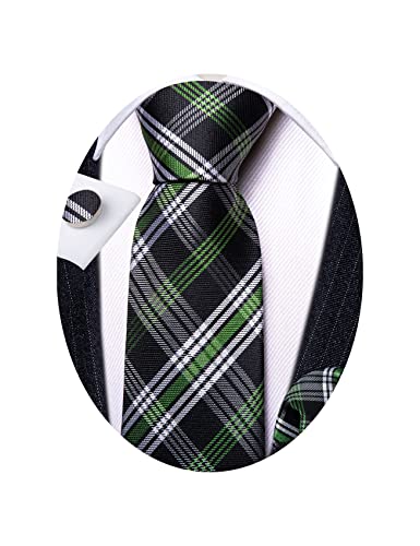 Barry.Wang Black and Green Ties for Men Set Hanky Cufflinks