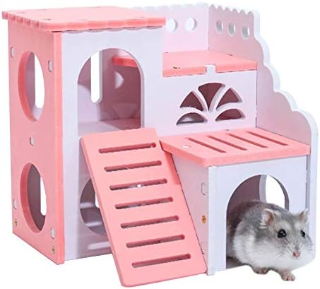 DAYOLY Wooden Hamster House, Pink Deluxe Two Layers Wooden Hut Play Toys Chews for Small Animal Hideout Sleeping, Playing Toy, Nest Cage Like Dwarf Hamster and Mouse