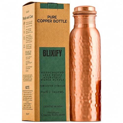 Image of Copper Water Bottle 34oz - 100% Pure Ayurvedic Handcrafted Design - Eco-friendly Premium Quality - Bpa-free Heavy Duty Leak-proof & Lab-tested - Health Benefits for Daily Use, Sports, Travel & Gifting