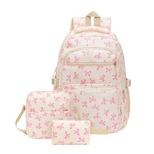 SXS LACONIC Mochila com laço, mochila Coquette para mulheres, bolsa de ombro com laço rosa, conjunto de 3 peças, linda mochila versátil de grande capacidade, rosa, 11.5 x 5.5 x 17 inches