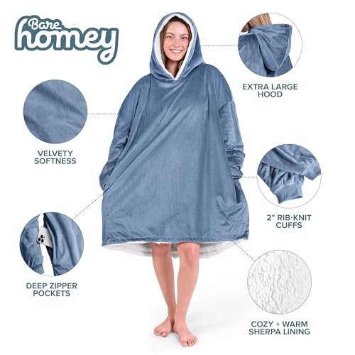 Image of Bare Home Wearable Blanket Hoodie - Soft Plush Sherpa - Warm and Cozy - Oversized Wearable Blanket