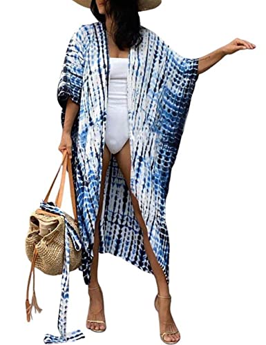 Image of Bsubseach Stylish Tie Dye Open Front Long Kimono Swimsuit Coverup for Women