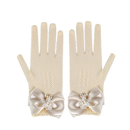 Xuhan Short Stretchy Princess Gloves With Bow Ties For Flower Girls Wrist Length (Ivory) #TOP2
