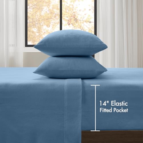 Image of True North by Sleep Philosophy Micro Fleece Bed Sheet Set, Warm, Sheets with 14 inch Deep Pocket, for Cold Season Cozy Sheet-Set, Matching Pillow Case, Twin, Blue, 3 Piece