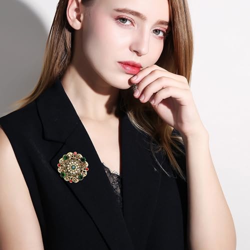 Image of Antique Round Rhinestone Brooch Pin for Women Girls Vintage Baroque Red Green Crystal Boho Style Brooches Lapel Pins Elegant Dress Accessories Christmas Wedding Festival Ornament Jewelry Gift