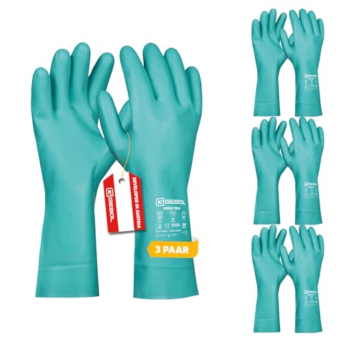 Gebol Green Tech, 3 Paar Lange Nitrilhandschuhe, Gummihandschuhe gegen Chemikalien, Säure & Öl, Wasserdichte Arbeitshandschuhe mit Waffelmuster für Putzen, Garten & Labor, L (Gr. 9)