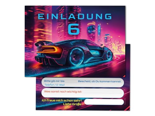 Junaversum 12 Einladungskarten zum 6. Kindergeburtstag Rennauto Auto Rennwagen Kinder Jungen coole bunte Einladungen sechste Geburtstag Geburtstagseinladungen Kids