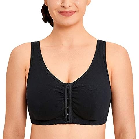 LAUDINE Women's Racerback Front Closure Post Surgery Wireless Cotton Comfort Bra Black 36D Cover