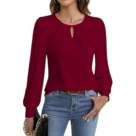 Fayenne Womens Long Sleeve Shirts Dressy Casual Tops Business Blouses Keyhole Pleated Loose Fit Fall Winter Shirt Wine Red Cover