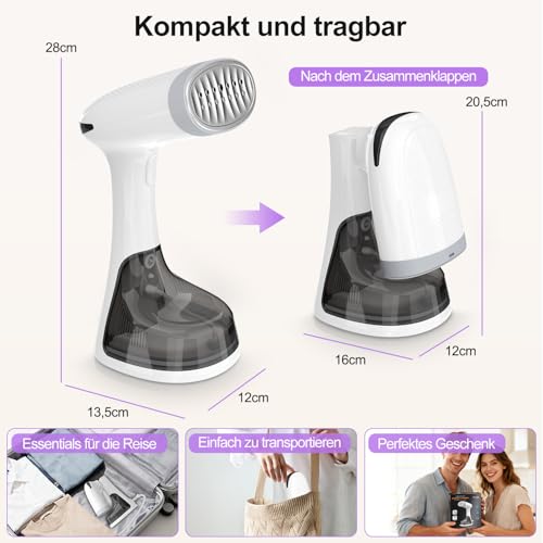Steamer Dampfglätter 1650W 320ML Reisebügeleisen Wassertank 20s Schnelle Aufheizung 30G/min Tragbar Bügeleisen für Kleidung Dampf Dampfbürste Faltenentferner Iron für Zuhause, Büro, Reise, Weiß