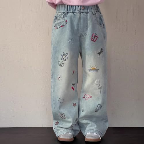 Kid Girl Jeans Graffiti Flower Butterfly Embroidery Denim Pants Straight Leg Elastic Waist Trousers with Pockets2