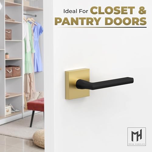 Image of Mega Handles Prime Dummy Lever, Door Handle for Closet or French Doors, Single Side Door Levers, Fits All Standard Door Sizes, Covered Screws Included - Satin Brass /Matte Black (2 Pack) 5 inch