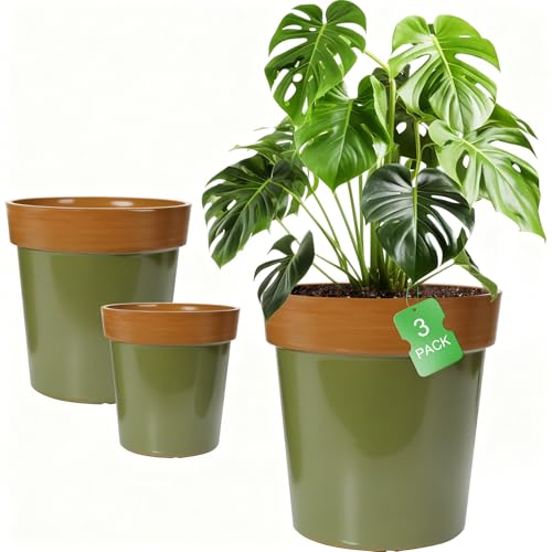 WEICHENGXING 3 Pack Plant Pots, 13/11/9 Inch Large Planter, Durable Lightweight Green Flower Pot Garden Containers for Indoor & Outdoor Use, UV Resistant
