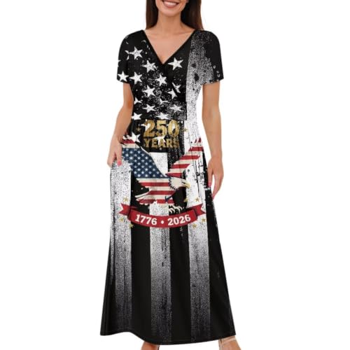 Image of Women's Fall Summer Short Sleeve Ankle Length V-Neck Party Dress with Pockets Size S-3XL