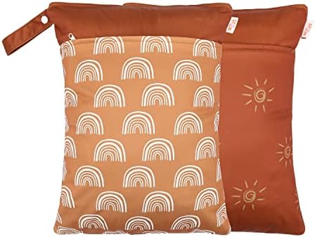 2 Pack Wet Dry Bags for Baby Cloth Diapers&Breast Pump Parts, Waterproof Reusable Wet Bag with Two Zippered Pockets & Handle, Beach Pool Gym Bag Stroller Yoga Toiletries Daycare Organizer for Swimsuit Wet Clothes, 11.8 inch x 15.7inch (Brown)