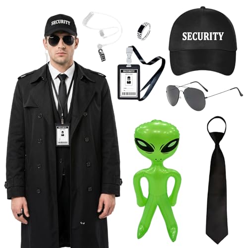 Atomvia 7-teilig Men in Black Kostüm Security Agent Kostüm Zubehör mit Sonnenbrille Krawatte Ohrschlauch Ring Ausweis Lanyard Baseballkappe & grünes Deko-Accessoire für Erwachsene Halloween Karneval