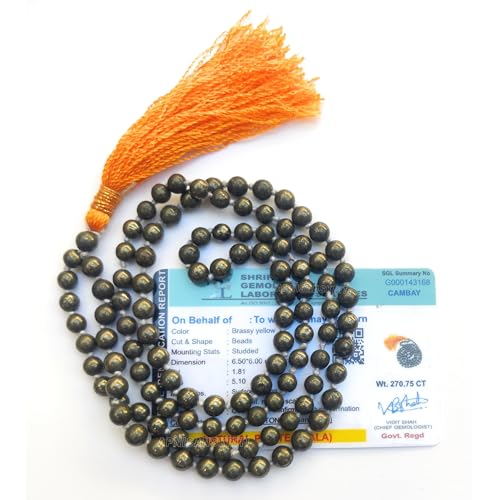 Image of Apnisanskriti Premium Natural Pyrite Stone Mala for Men and Women (6mm, AAA Quality, Lab Certified, 108+1) - Natural Stone Beads Mala - Beassy Yellow Colour - Pack of 1