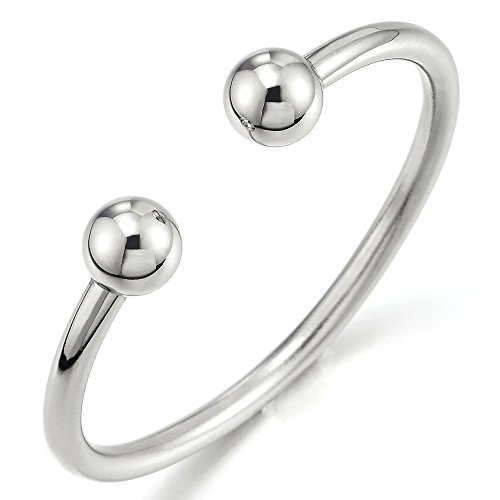 COOLSTEELANDBEYOND Elastic Adjustable Stainless Steel Ball Polished Cuff Bangle Bracelet for Men Women