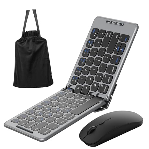 Miieadoo Portable Foldable Bluetooth Keyboard with Wireless Mouse – Mini Folding Wireless Keyboard Mouse Combo,Type-C Fast Charging, Compatible with iOS, Android, Windows, Mac