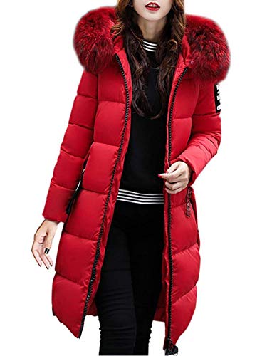 Minetom Femme Doudoune Longue Manteau Zippé épais Chaud Parka Blouson Hiver Coton Doublé avec Capuche Elegant Slim Hoodie Jacket Veste Rouge 38