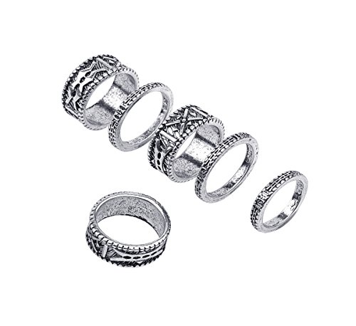 SUNSCSC Bohemian Gypsy Vintage Retro Joint Knuckle Nail Ring Set of 6 Rings Silver Plated