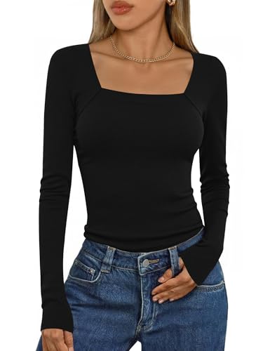 Aottori Langarmshirt Damen mit Eckigem-Ausschnitt Gerippt Elegant Stretch Basic Oberteile Slim Fit Pullover T-Shirt Einfarbig Tops Schwarz L