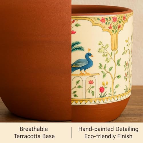 Image of Terracotta Planter - Premium Glass Coated Peacock Design Planters for Home Decor | Artistic Flower Pots for Garden & Indoor Plant Pot (Beige, Small)