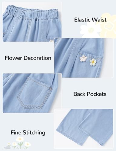Happy Cherry Girls Elastic Waist Thin Cotton Denim Pants Wide Leg Baggy Trousers Cute Summer Straight Cropped Pant 2-103